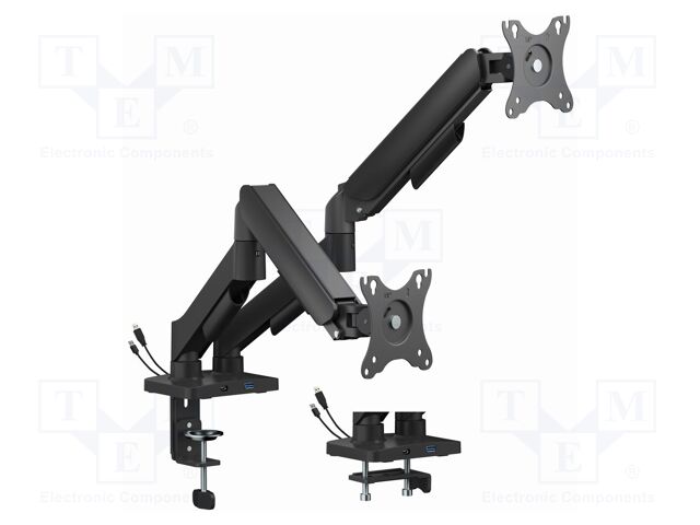 Holder; 9kg; 17÷32"; black; Arm len: 506mm; monitor x2; USB A,USB C