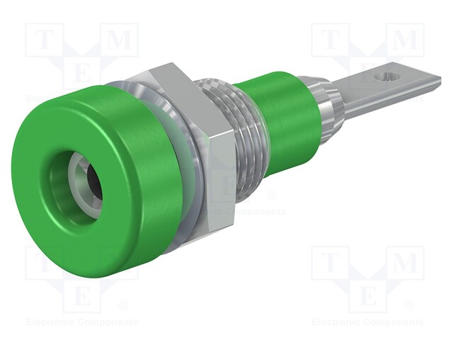 Socket; 2mm banana; 10A; 23mm; green; soldered,on panel; insulated