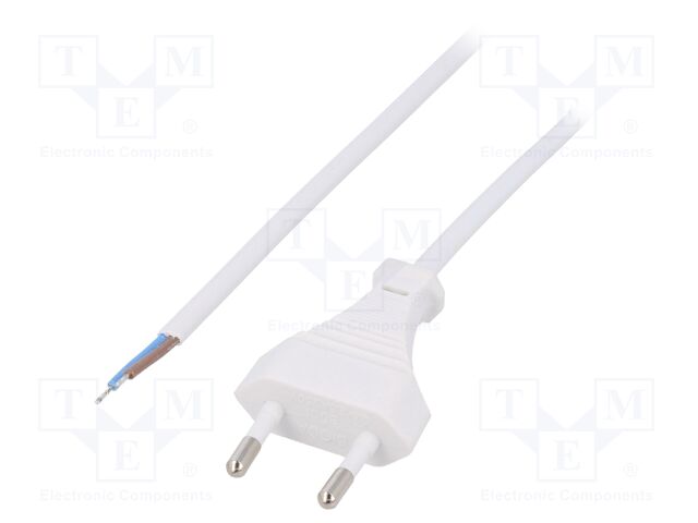 Cable; CEE 7/16 (C) plug,wires; 1.6m; white; PVC; 2x0,5mm2; 2.5A