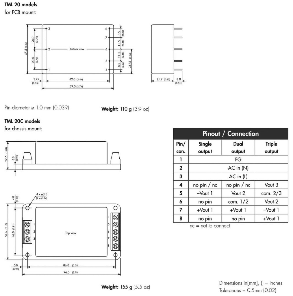 Converter: AC/DC; 20W; Uout: 12VDC; Iout: 1670mA; 84%; Series: TML 20