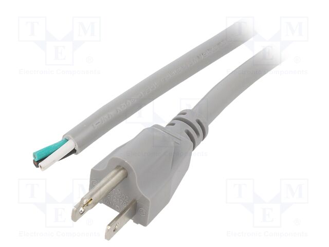 Cable; 3x16AWG; NEMA 5-15 (B) plug,wires; PVC; 2m; grey; 13A; 125V