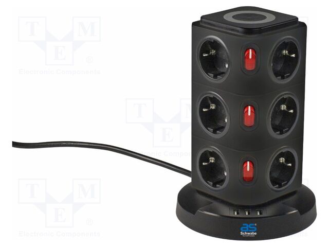 Extension lead; 3G1.5mm2; Sockets: 15; PVC; black; 2m; 16A