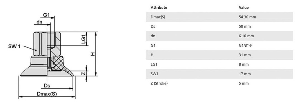Suction cup; 50mm; 24.9g; G 1/8 F; Shore hardness: 55; 7.1cm3; SUF