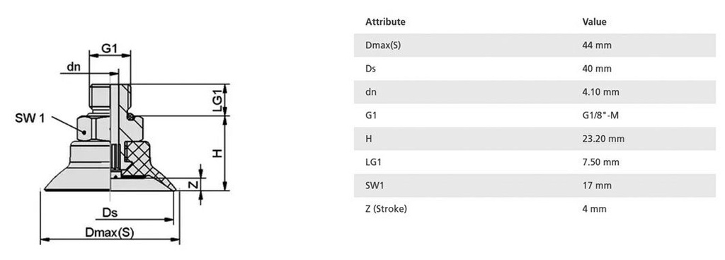 Suction cup; 40mm; 17.1g; G 1/8 M; Shore hardness: 60; 3.8cm3; SUF