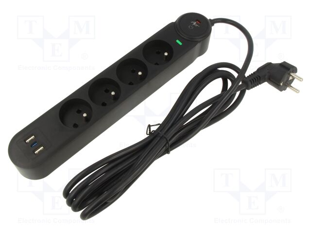 Plug socket strip: protective; Sockets: 4; 250VAC; 10A; black; 3m