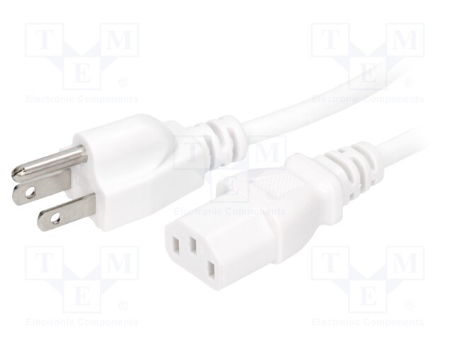 Cable; NEMA 5-15 (B) plug,IEC C13 female; 5m; white; PVC; 3x18AWG