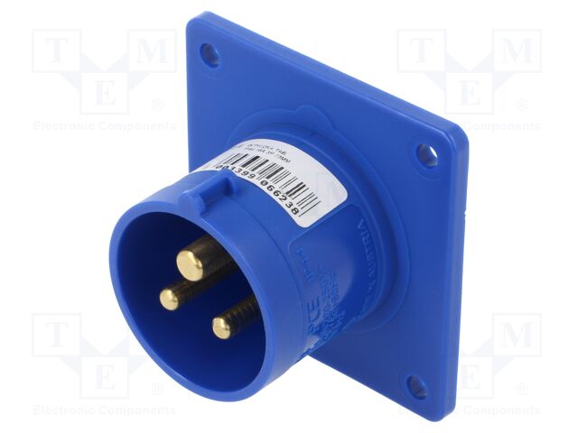 Pin & Sleeve Connector, 16 A, 230 V, Panel Mount, Inlet, 2P+E, Blue