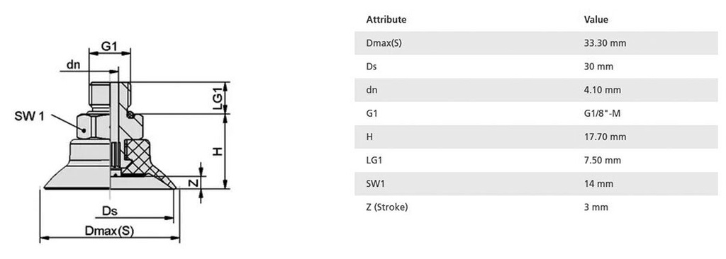 Suction cup; 30mm; 11.2g; G 1/8 M; Shore hardness: 55; 1.6cm3; SUF