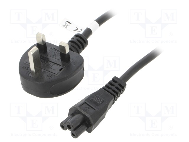 Cable; BS 1363 (G) plug 90°,IEC C5 female; PVC; 1.8m; black; 2.5A