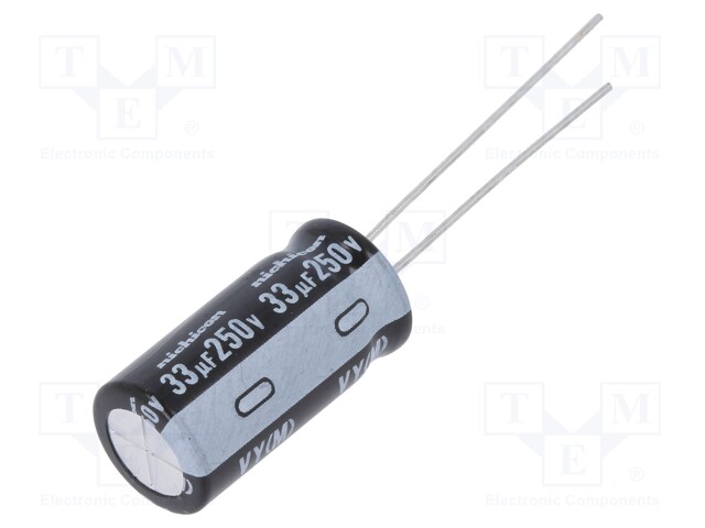 Capacitor: electrolytic; THT; 33uF; 250VDC; Ø10x20mm; Pitch: 5mm