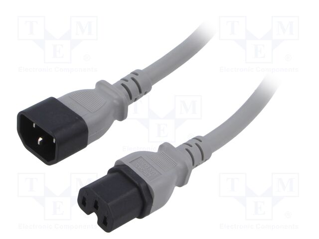 Cable; 3x14AWG; IEC C14 male,IEC C15 female; PVC; 3m; grey; 15A