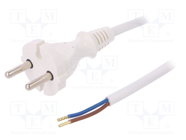 Cable; CEE 7/17 (C) plug,wires; 4m; white; PVC; 2x1mm2; 16A; 250V