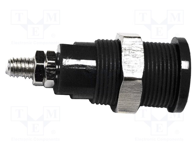 4mm banana; 36A; 1kV; black; nickel plated; on panel,screw; brass