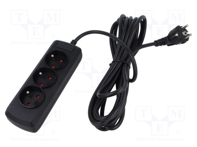 Plug socket strip: protective; Sockets: 3; 250VAC; 10A; black; 5m