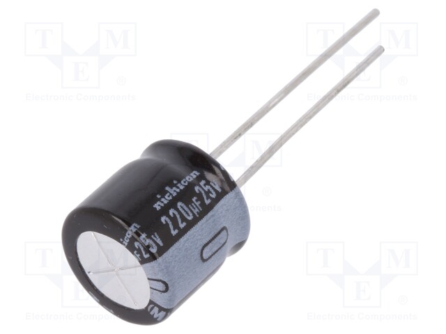Capacitor: electrolytic; THT; 220uF; 25VDC; Ø10x9mm; Pitch: 5mm