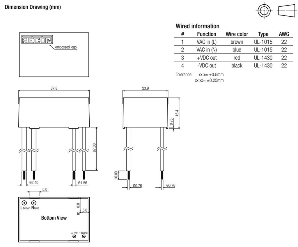 Converter: AC/DC; 4W; Uout: 15VDC; Iout: 267mA; 77%; Mounting: cables