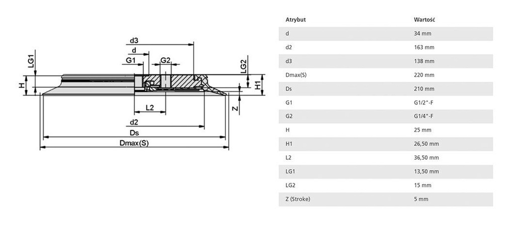 Suction cup; 210mm; G 1/2 F; Shore hardness: 60; 194cm3; SPU