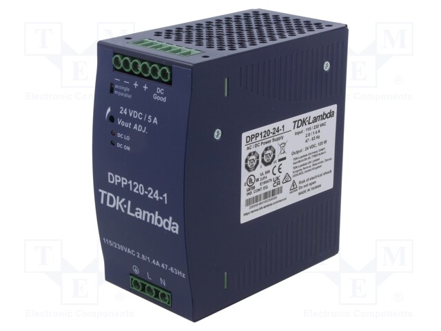AC/DC DIN Rail Power Supply (PSU), ITE, 1 Output, 120 W, 24 VDC, 5 A