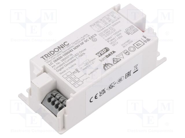 Power supply: switched-mode; LED; 36W; 7.5÷42VDC; 650÷1050mA; IP20
