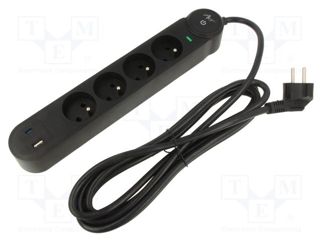 Plug socket strip: protective; Sockets: 4; 250VAC; 16A; black; 3m