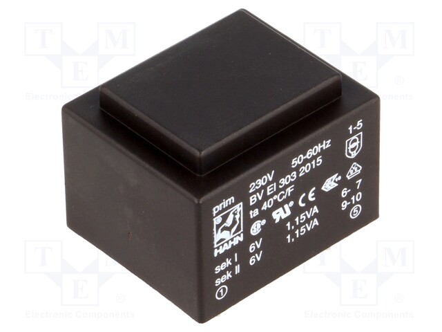 Transformer: encapsulated; 2.3VA; 230VAC; 6V; 6V; 191mA; 191mA; 81g