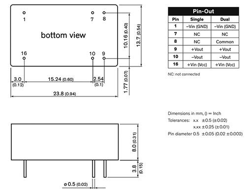 Converter: DC/DC; 10W; Uin: 18÷75V; Uout: 15VDC; Iout: 666mA; DIP16