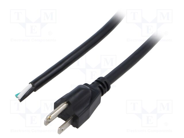 Cable; 3x16AWG; NEMA 5-15 (B) plug,wires; PVC; 1.8m; black; 13A
