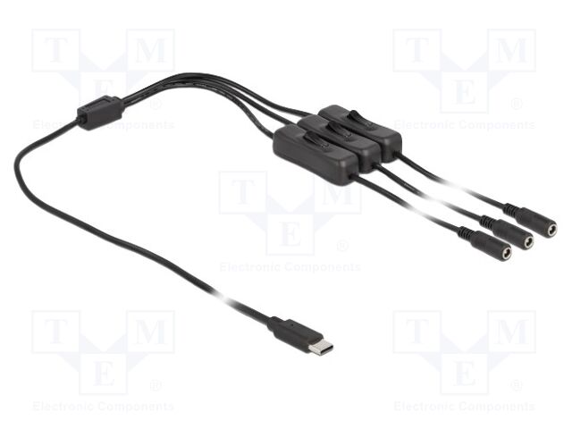 Cable; USB C plug,DC 5,5/2,1 socket x3; straight; black; 1m; 10W