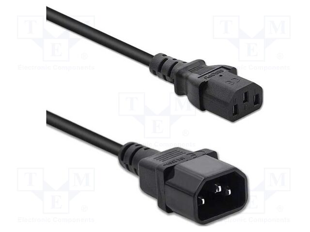 Cable; 3x1mm2; IEC C13 female,IEC C14 male; PVC; 1.5m; black; 10A