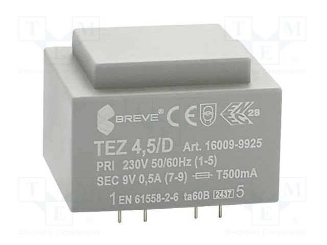 Transformer: encapsulated; 4.5VA; 230VAC; 9V; 500mA; Mounting: PCB