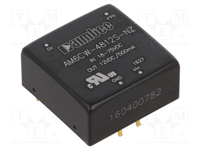 Converter: DC/DC; 6W; Uin: 18÷75V; 12VDC; Iout: 500mA; 1"x1"; 14g