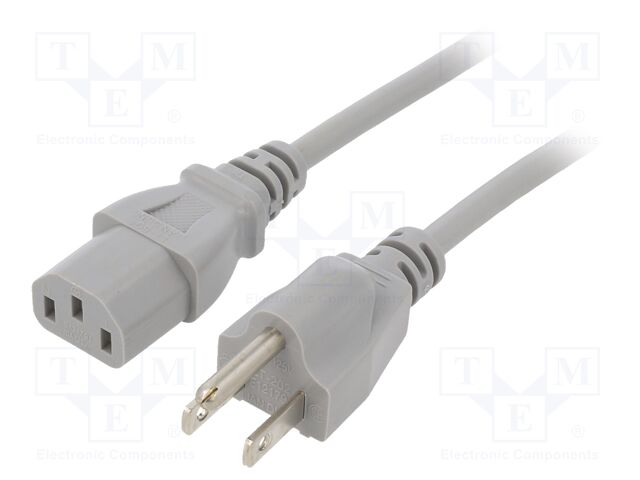 Cable; 3x18AWG; IEC C13 female,NEMA 5-15 (B) plug; PVC; 2m; grey