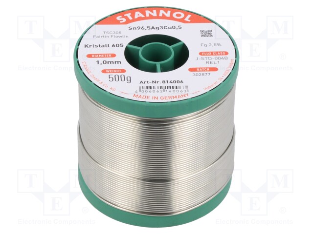 Soldering wire; Sn96,5Ag3Cu0,5; 1mm; 500g; lead free; reel; 2.5%