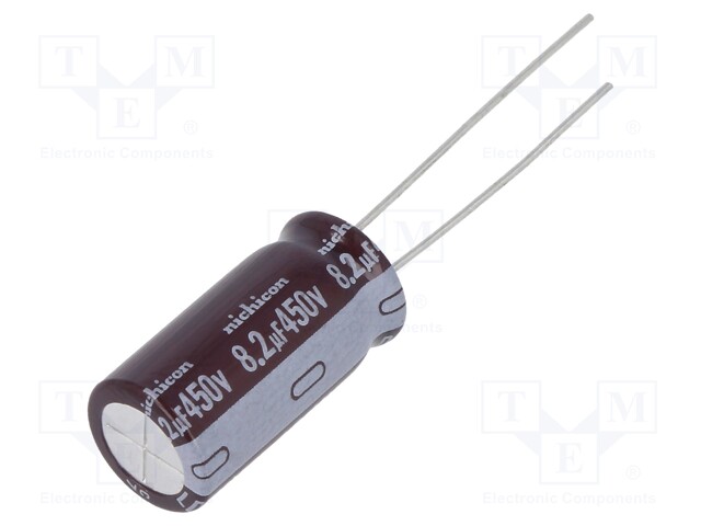 Capacitor: electrolytic; THT; 8.2uF; 450VDC; Ø10x20mm; Pitch: 5mm