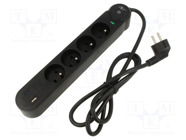 Plug socket strip: protective; Sockets: 4; 250VAC; 16A; black; 1.5m