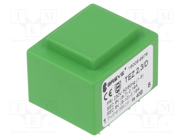 Transformer: encapsulated; 2.3VA; 230VAC; 6V; 6V; 192mA; 192mA; IP00