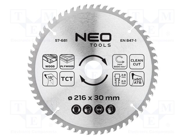 Circular saw; Ø: 216mm; Teeth: 60; cemented carbide; Øhole: 30mm