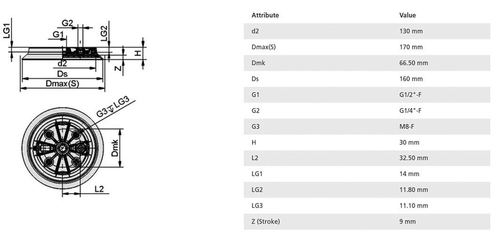 Suction cup; 160mm; 387g; G 1/2" F,G 1/4 F; Shore hardness: 60