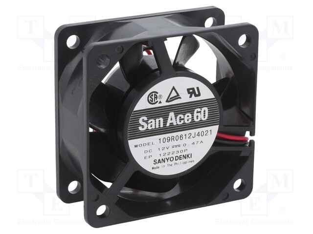 Fan: DC; axial; 12VDC; 60x60x25mm; 63.6m3/h; 44dBA; ball bearing
