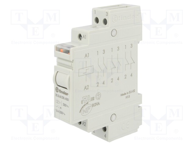 Relay: installation; bistable; NO x2; 230VAC; Mounting: DIN; 16A