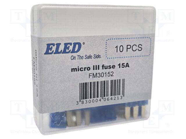 Fuse: fuse; 15A; 32VDC; automotive; 14.3mm; 14.3x3.8x15.3mm