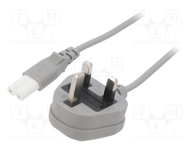 Cable; 2x0.75mm2; BS 1363 (G) plug,IEC C7 female; PVC; 3m; grey