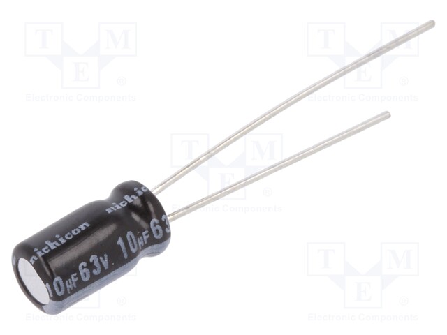Capacitor: electrolytic; THT; 10uF; 63VDC; Ø5x9mm; Pitch: 2mm; ±20%