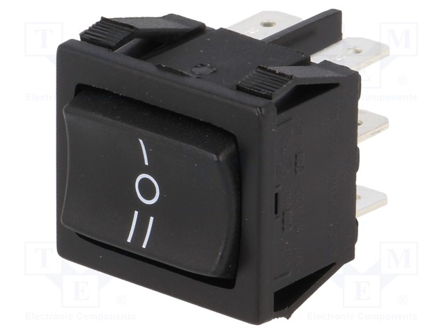 ROCKER; DP3T; Pos: 3; ON-OFF-ON; 10A/250VAC; 10A/28VDC; black; none