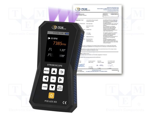 Meter: tachometer, LED stroboscope; Display: LCD 2,8"; IP52; 4.5h