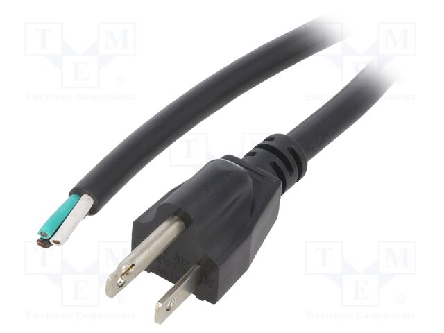 Cable; 3x16AWG; NEMA 5-15 (B) plug,wires; PVC; 3m; black; 13A; 125V