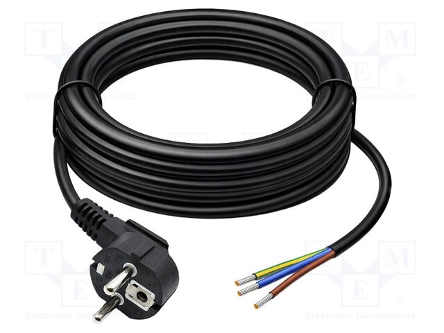 Cable; 3G1.5mm2; CEE 7/7 (E/F) plug angled,wires; PVC; 5m; black