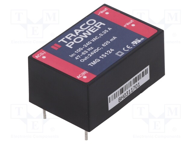 Converter: AC/DC; 15W; Uout: 24VDC; Iout: 625mA; 85%; Mounting: PCB