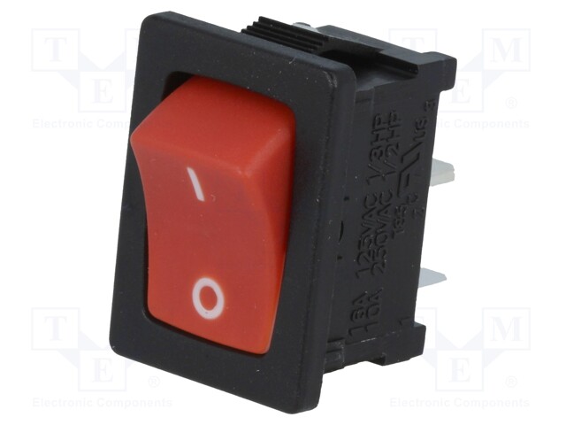 ROCKER; SPST; Pos: 2; OFF-ON; 10A/250VAC; red-white; none; 50mΩ