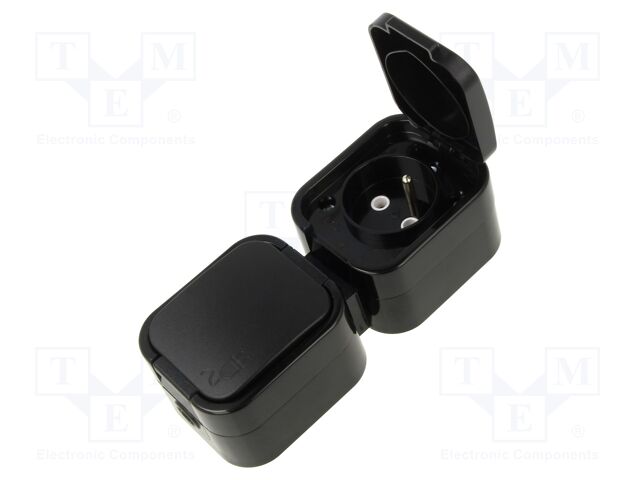 Connector: AC supply; socket; 2P+PE; 250VAC; 16A; black; wall mount